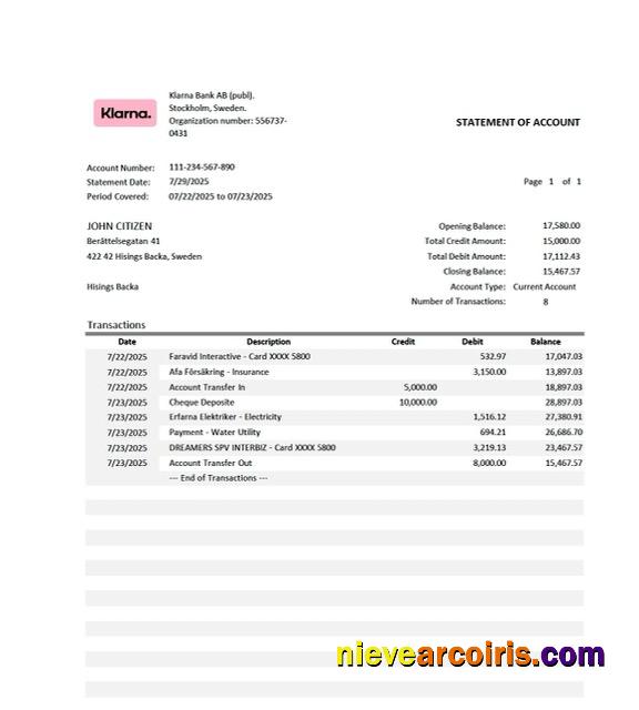 Sweden Klarna Bank statement of account Word and PDF